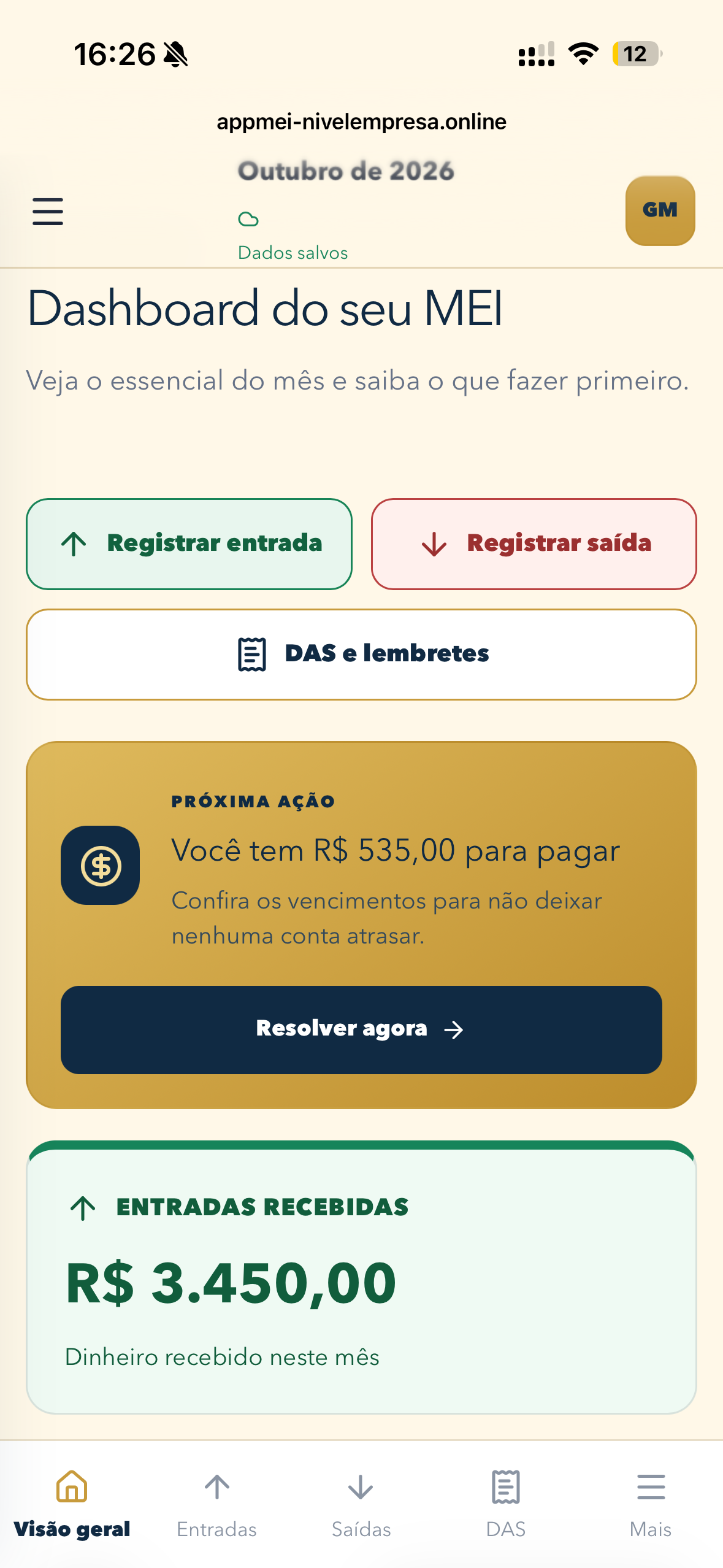 Dashboard real do Gestor MEI com registro de entrada, saída, DAS e próxima ação