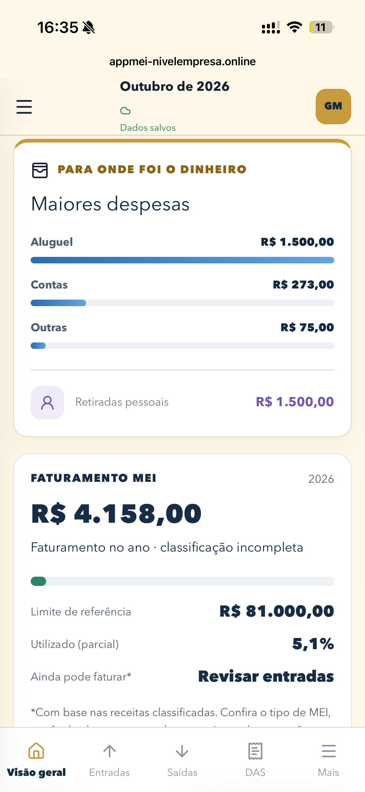 Tela real de despesas e faturamento MEI com aviso de classificação incompleta