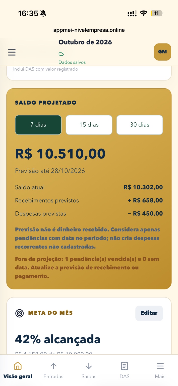 Tela real do saldo projetado com opções de 7, 15 e 30 dias e meta mensal