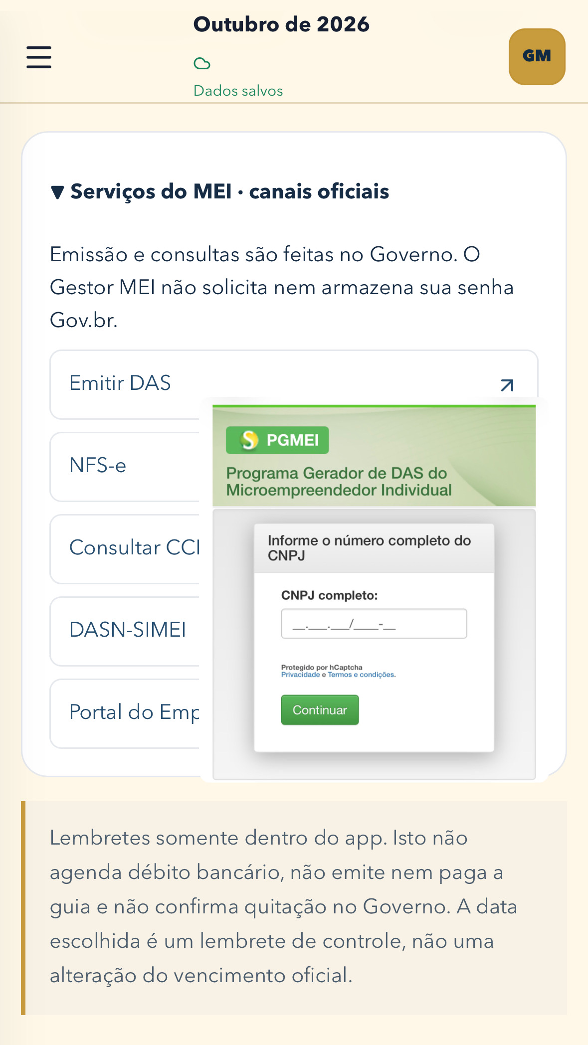 Tela real dos serviços do MEI com montagem enviada mostrando o acesso ao PGMEI para emissão do DAS